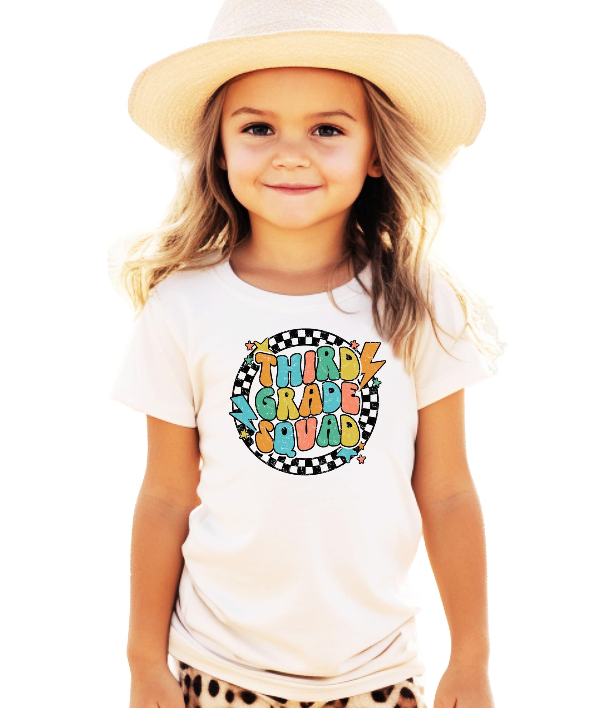 Front view of youth 3rd Grade Squad lightning graphic tee in natural tone on white background
