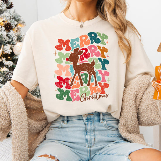 Detail shot of professional print quality on retro Christmas reindeer graphic tee for women and teens