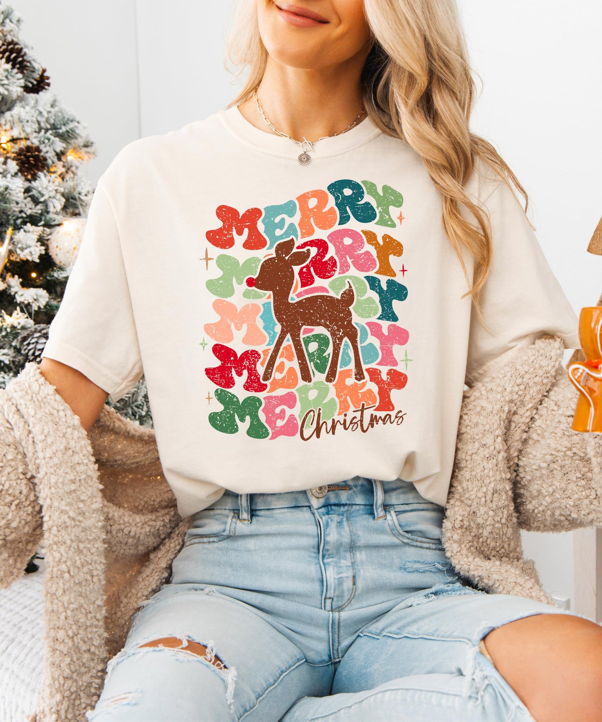 Detail shot of professional print quality on retro Christmas reindeer graphic tee for women and teens