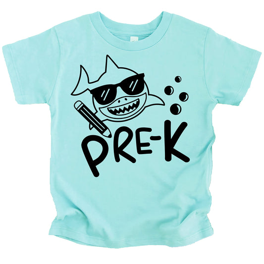 Close-up of Pre-K shark back to school print on youth tee showing vibrant vintage graphic detail