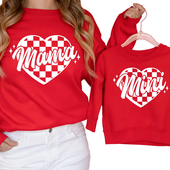 Adult and youth matching Valentine's Day sweatshirts with red checkered heart design