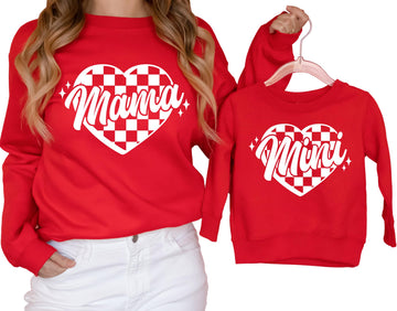 Adult and youth matching Valentine's Day sweatshirts with red checkered heart design