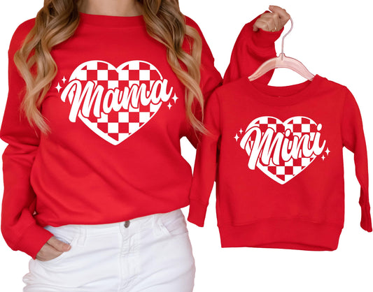 Adult and youth matching Valentine's Day sweatshirts with red checkered heart design