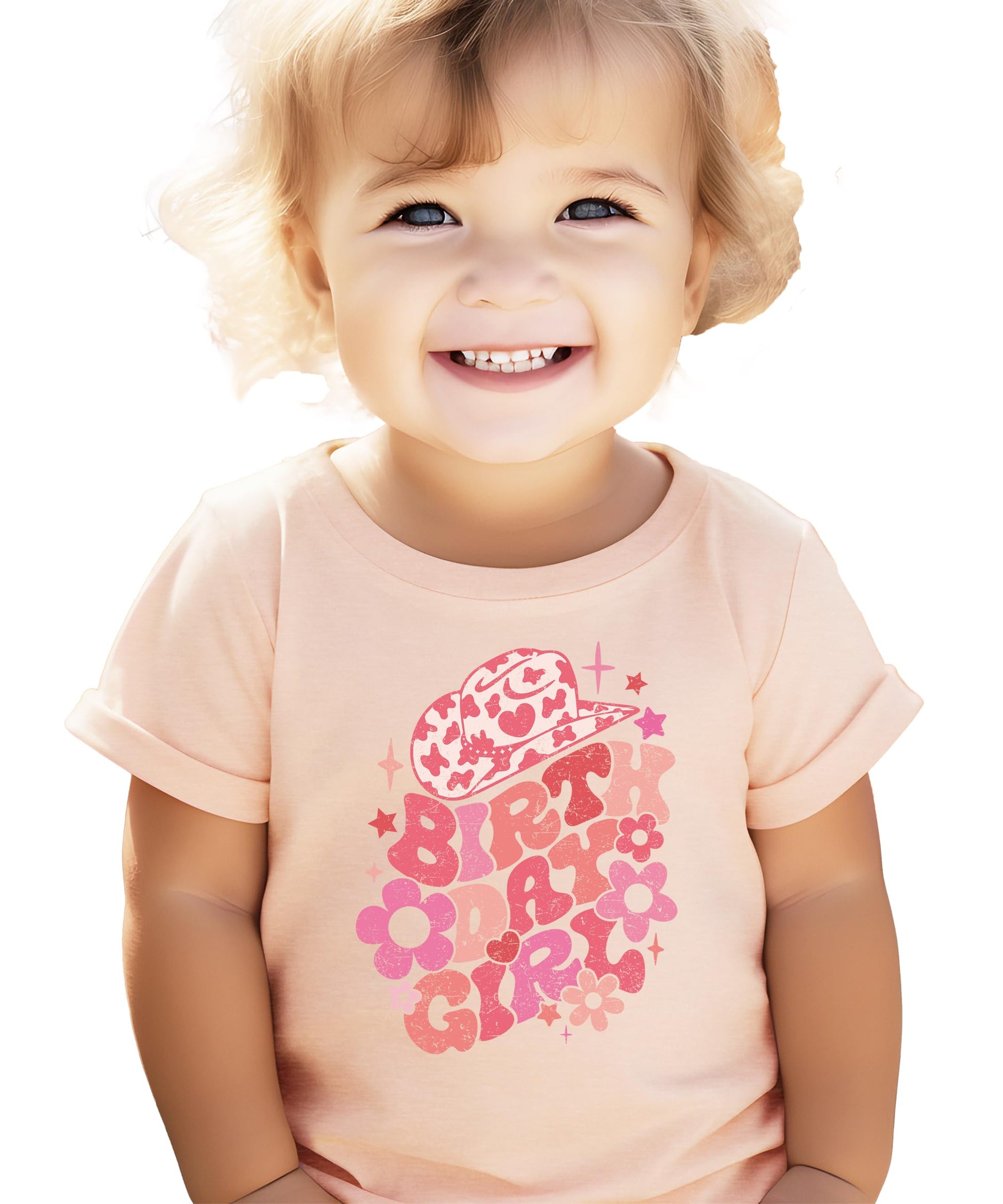 Flat lay of groovy cowgirl birthday girl shirt for baby and toddler girls
