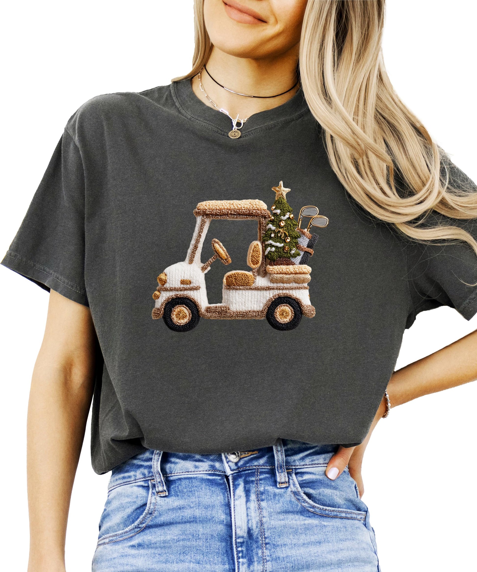 Women's holiday golf cart shirt styled for a festive casual look