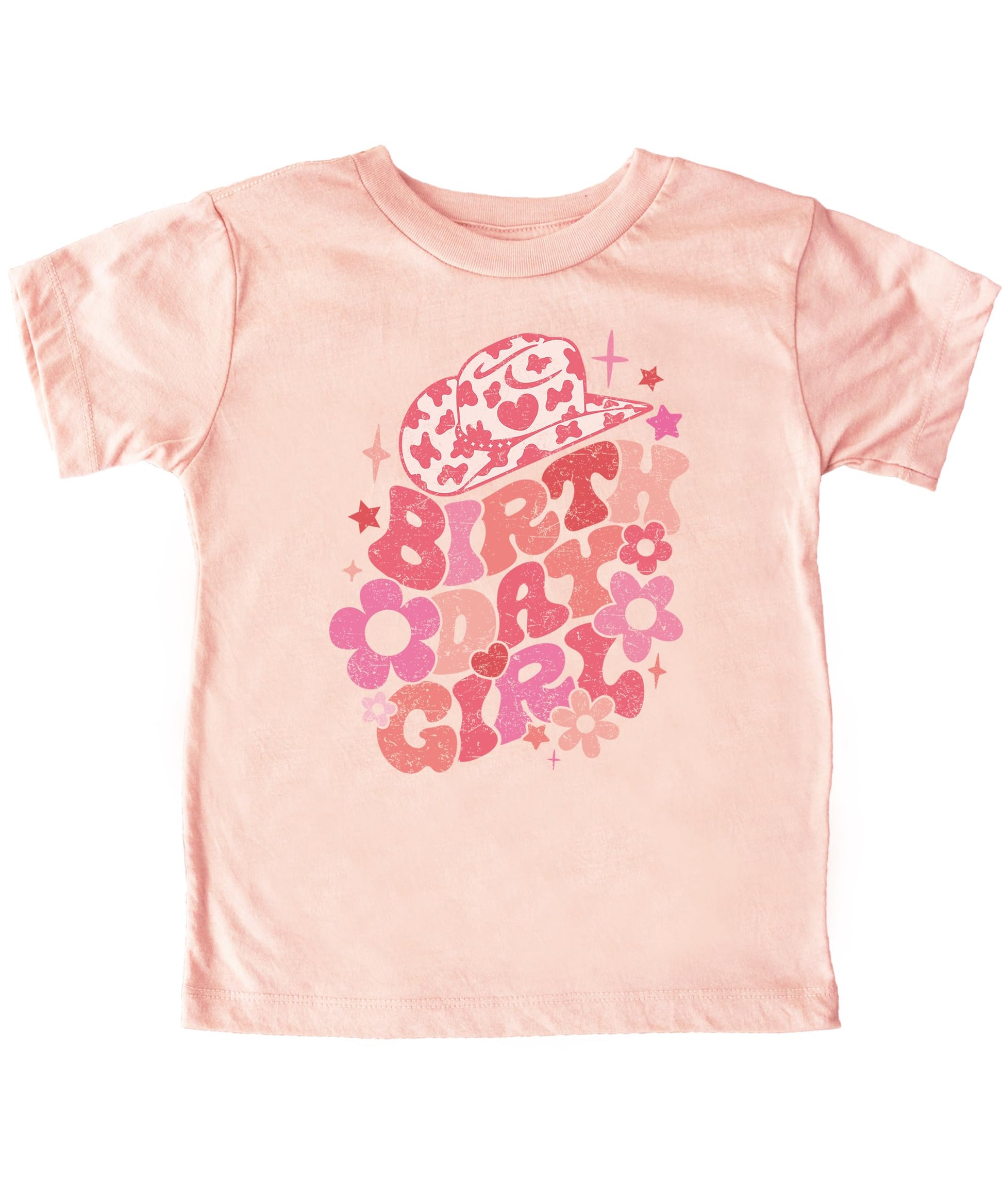 Close-up of groovy cowgirl birthday design on natural colored toddler tee