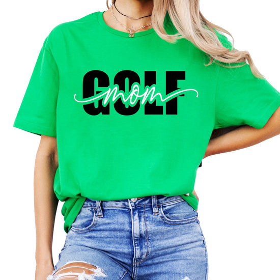 Close-up view of Golf Mom girly script typography design on shirt