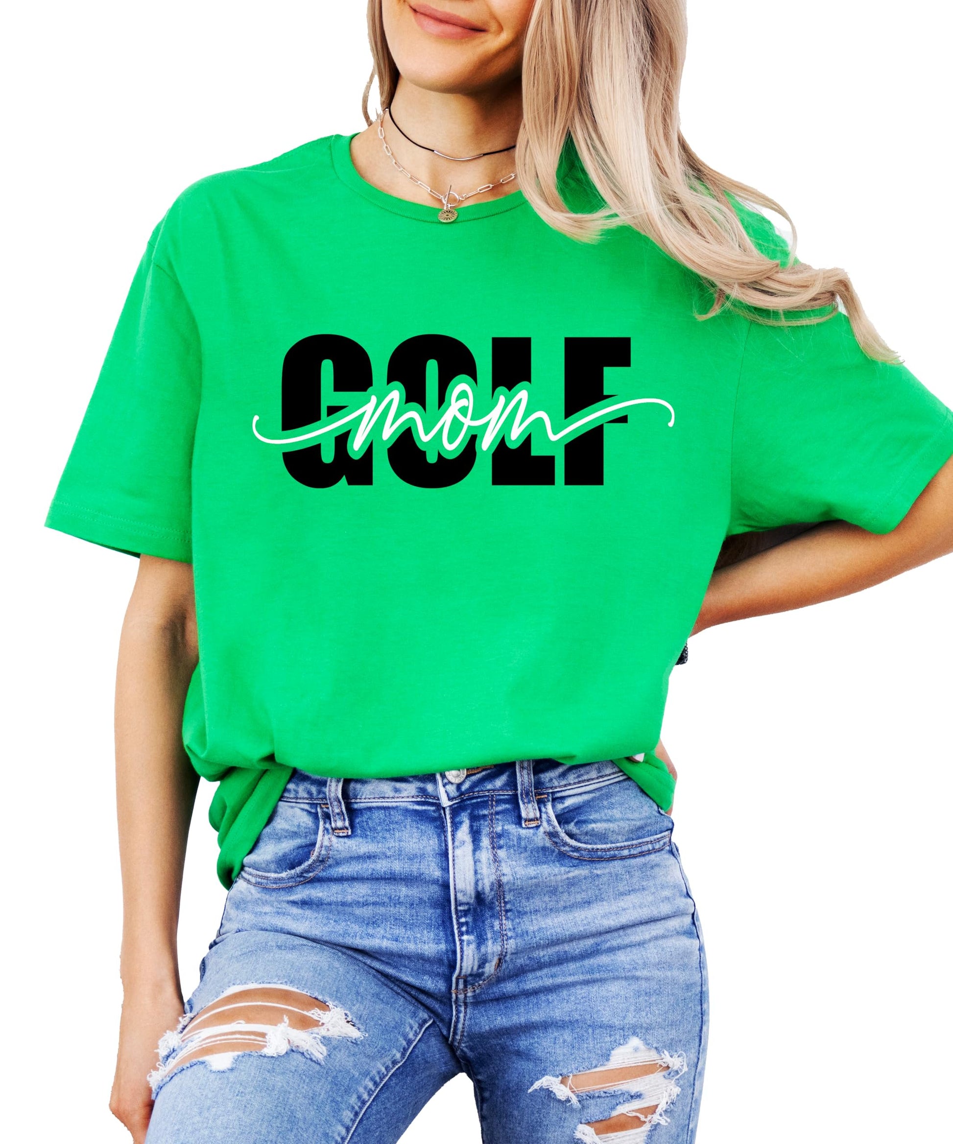 Close-up view of Golf Mom girly script typography design on shirt