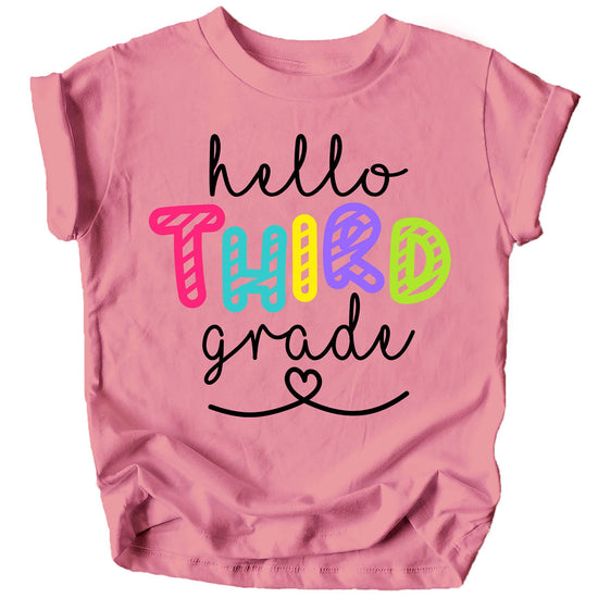 Close-up of Hello 3rd Grade print on pink kids tee showing vibrant professional graphic quality