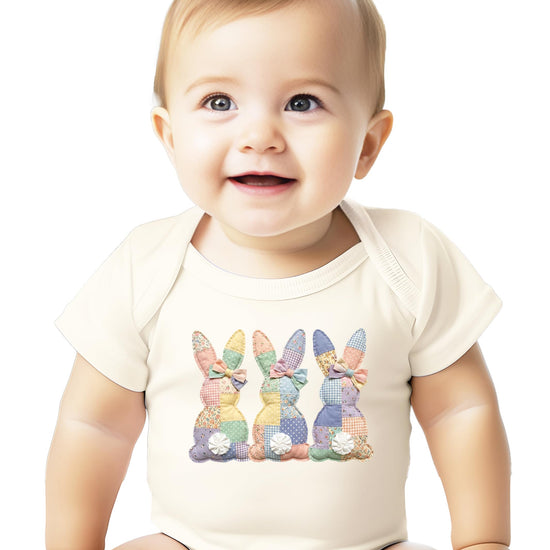 Olive Loves Apple 3 bunnies Easter bodysuit showing snap closure and overall fit