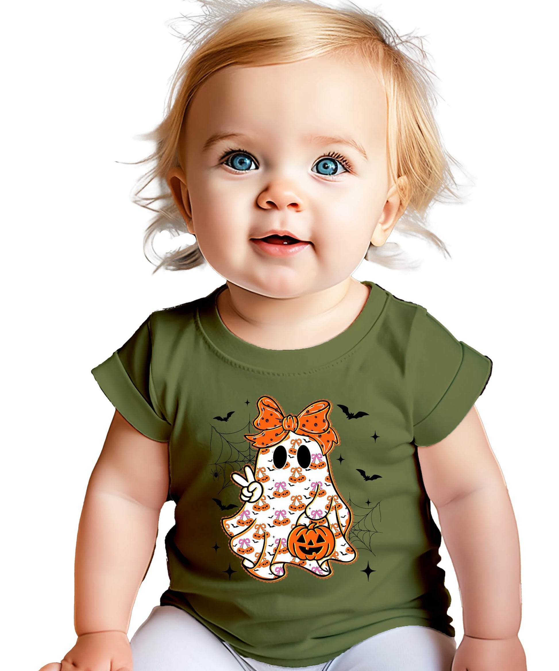 Close-up of girly ghost and orange bow design on a natural kids Halloween t-shirt