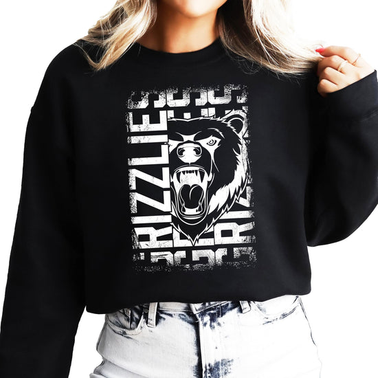 Grizzlies mascot unisex sweatshirt with distressed bear graphic and vertical GRIZZLIES text, front view