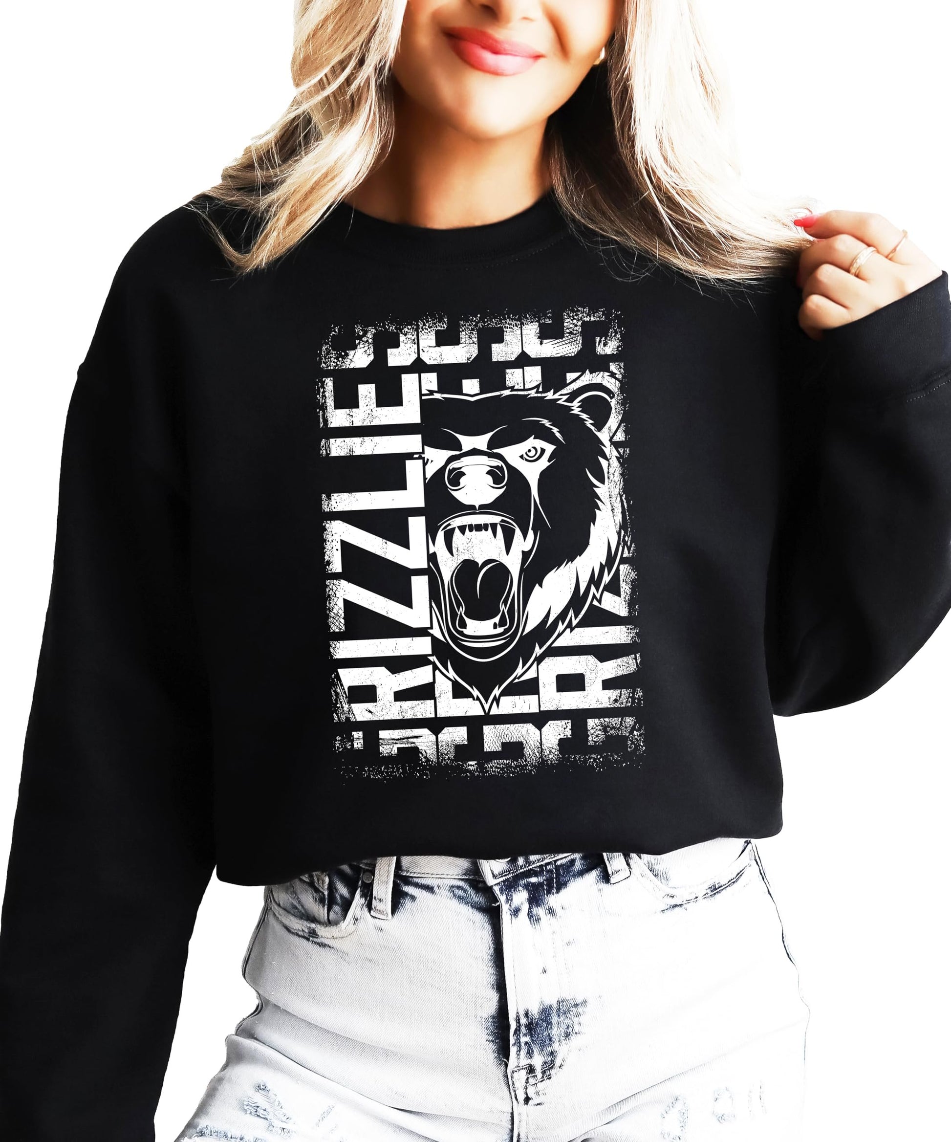 Grizzlies mascot unisex sweatshirt with distressed bear graphic and vertical GRIZZLIES text, front view
