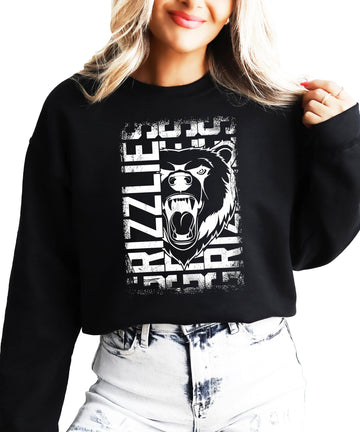 Grizzlies mascot unisex sweatshirt with distressed bear graphic and vertical GRIZZLIES text, front view