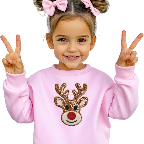 Front view of festive reindeer graphic sweatshirt in black for holiday wear