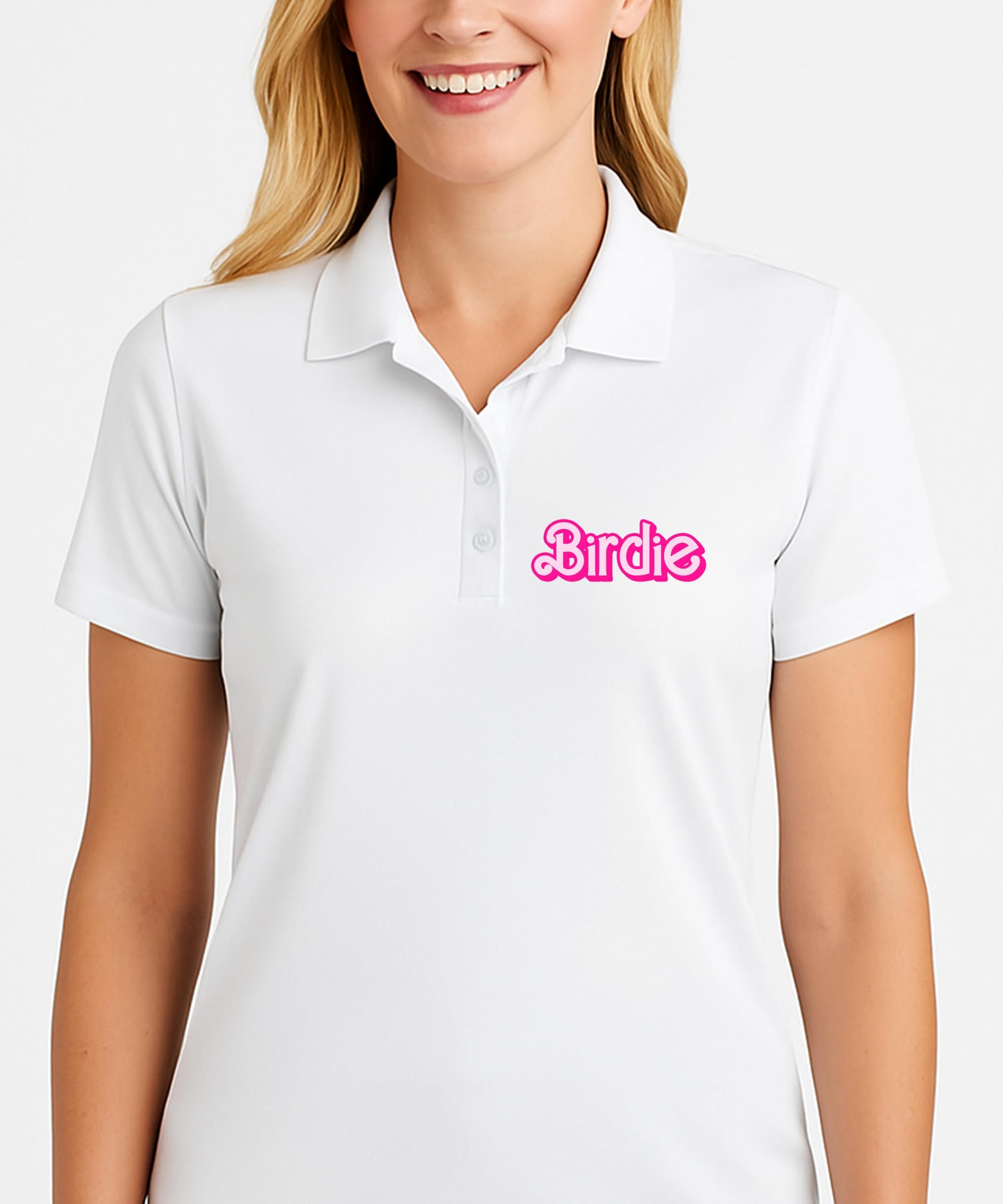 Pink golf polo shirt flat lay showing short sleeve version with girly birdie print