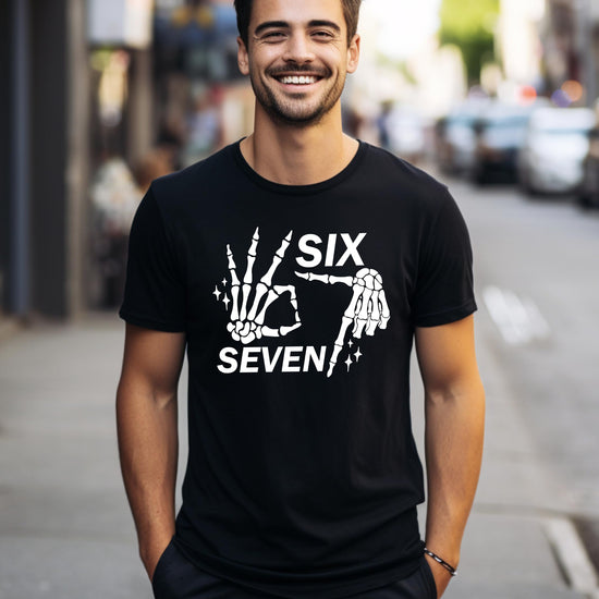 Six seven skeleton hand graphic tee product shot showing shirt details and design