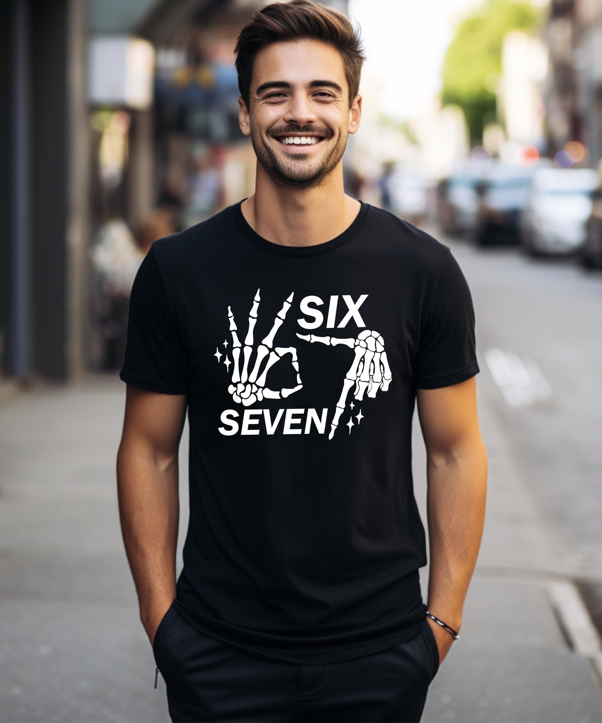 Six seven skeleton hand graphic tee product shot showing shirt details and design