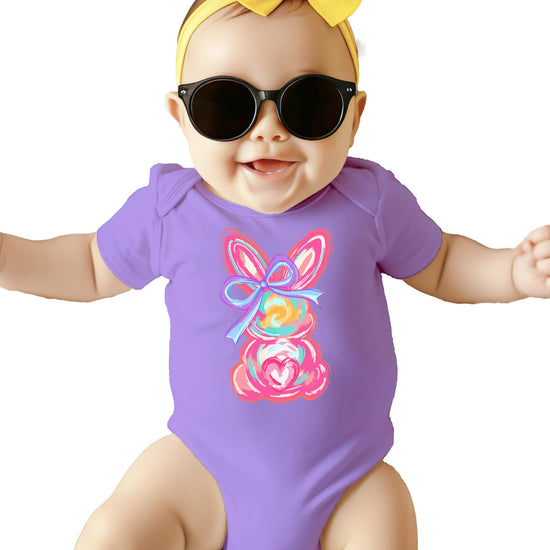Infant Easter bodysuit with faux hand-painted rabbit and bow, front view