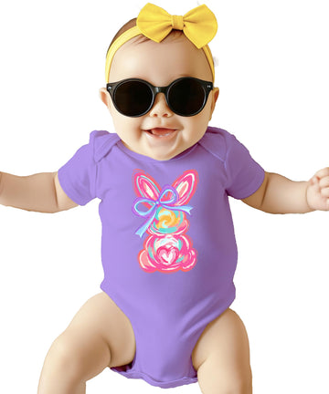 Infant Easter bodysuit with faux hand-painted rabbit and bow, front view