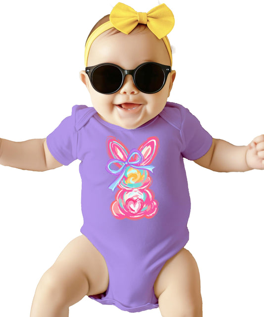 Infant Easter bodysuit with faux hand-painted rabbit and bow, front view