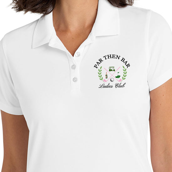 Full view of Par Then Bar Ladies Club polo on model showing fit