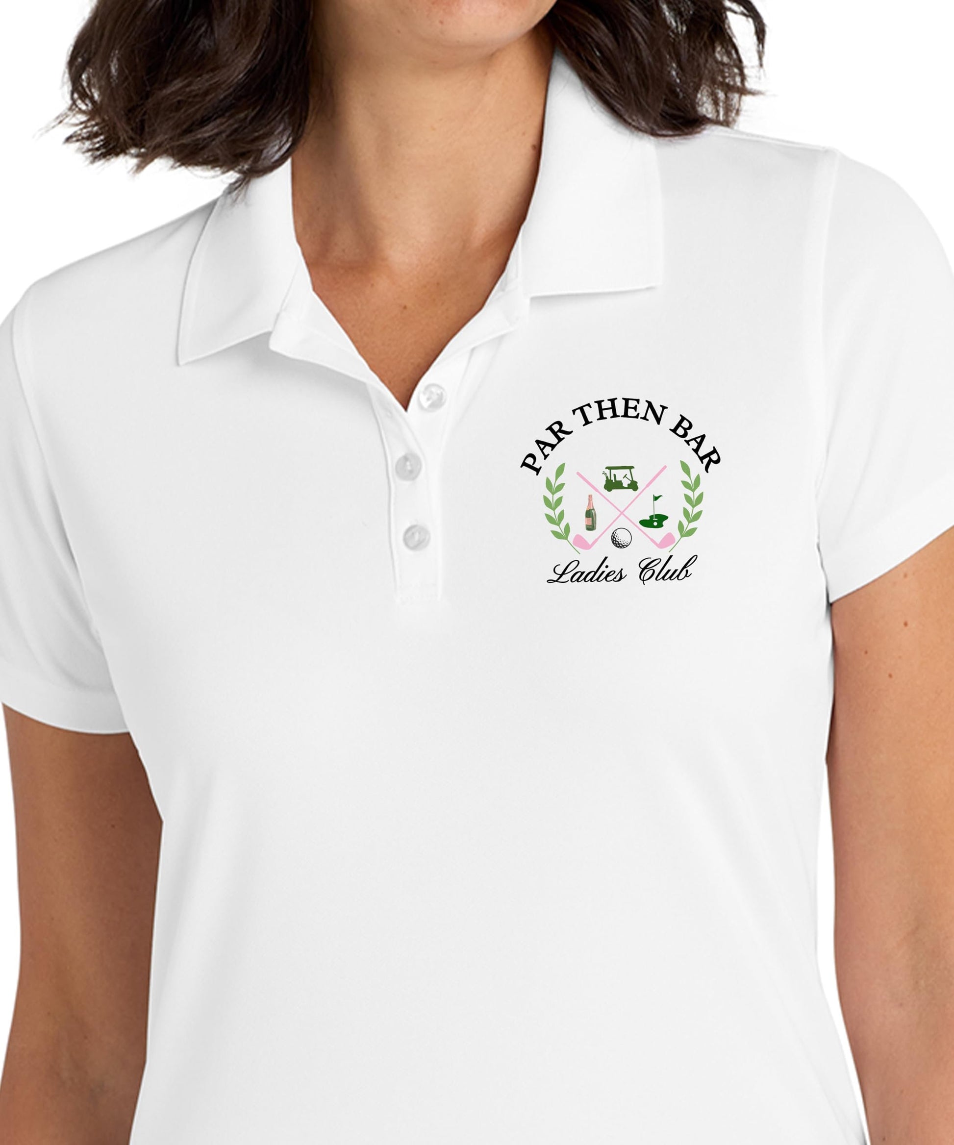 Full view of Par Then Bar Ladies Club polo on model showing fit