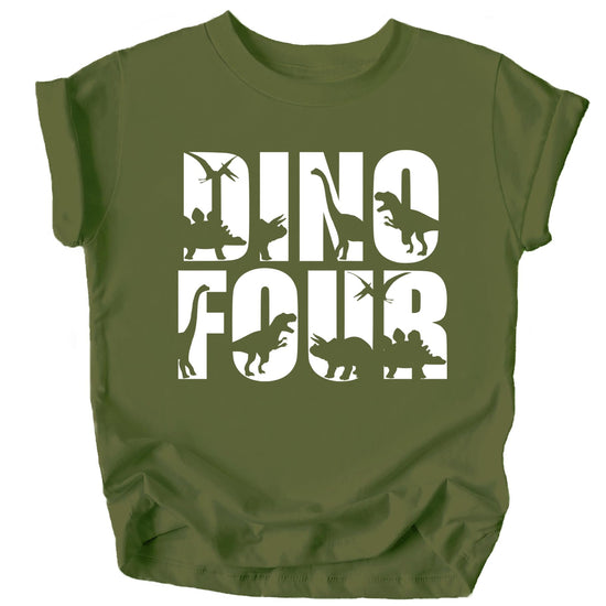 Toddler military green 4th birthday dinosaur shirt with vintage Dino Four graphic print
