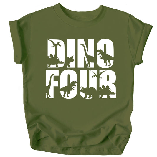 Toddler military green 4th birthday dinosaur shirt with vintage Dino Four graphic print