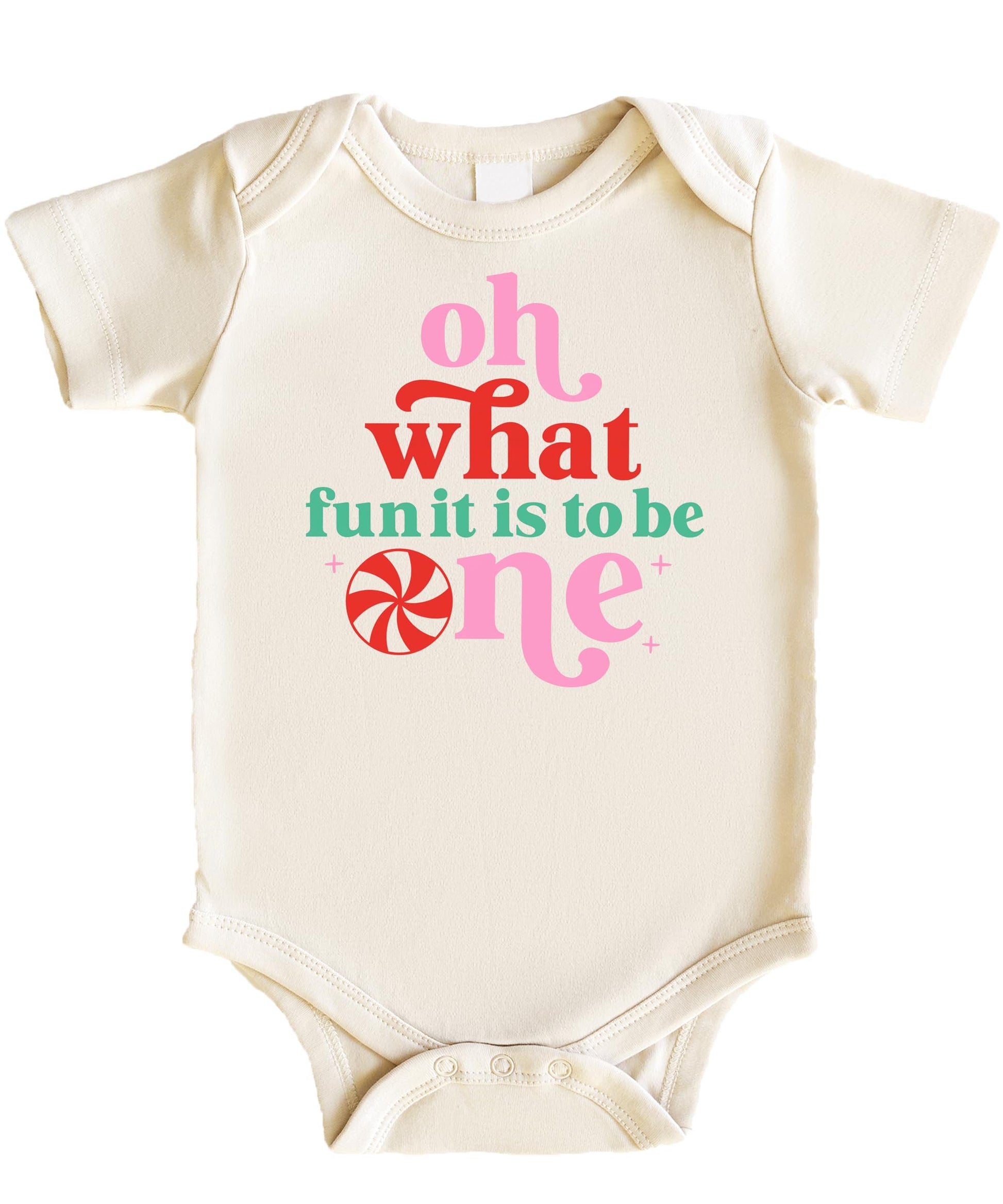 White baby girl bodysuit with Oh What Fun It Is To Be One Christmas birthday graphic print