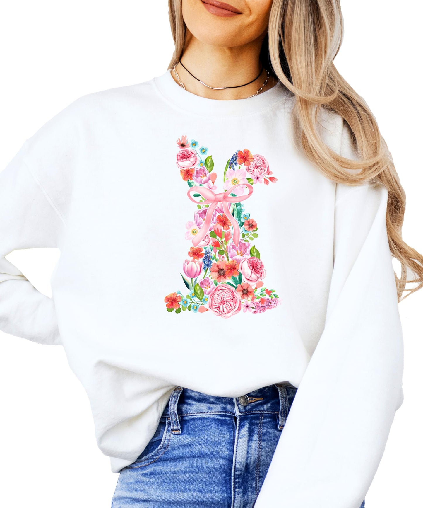 Floral Easter Bunny Sweatshirt for Women Teens and Girls Spring Watercolor Crewneck