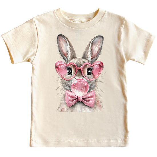 Youth Easter bunny shirt with bubblegum bubble and pink bow graphic detail