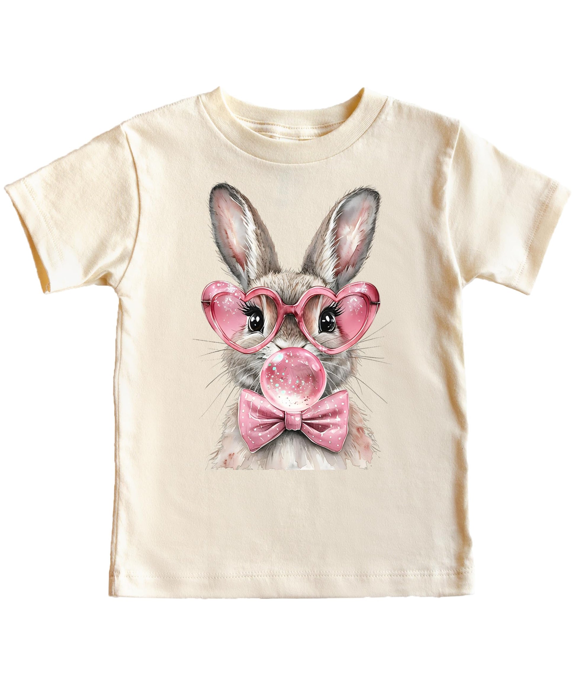 Youth Easter bunny shirt with bubblegum bubble and pink bow graphic detail