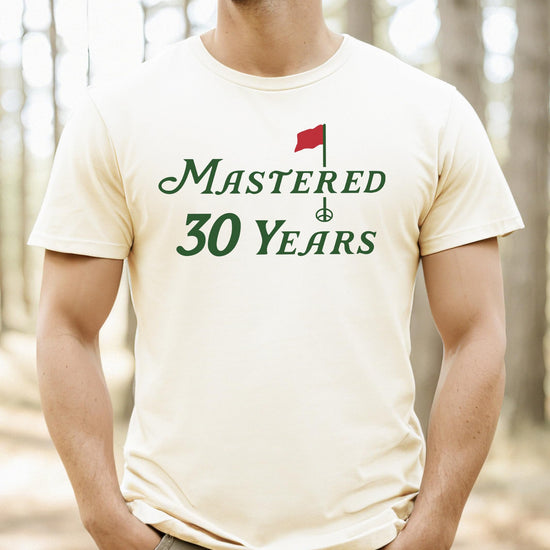 Detail shot of Mastered 30 Years 30th birthday golf graphic tee print quality and texture