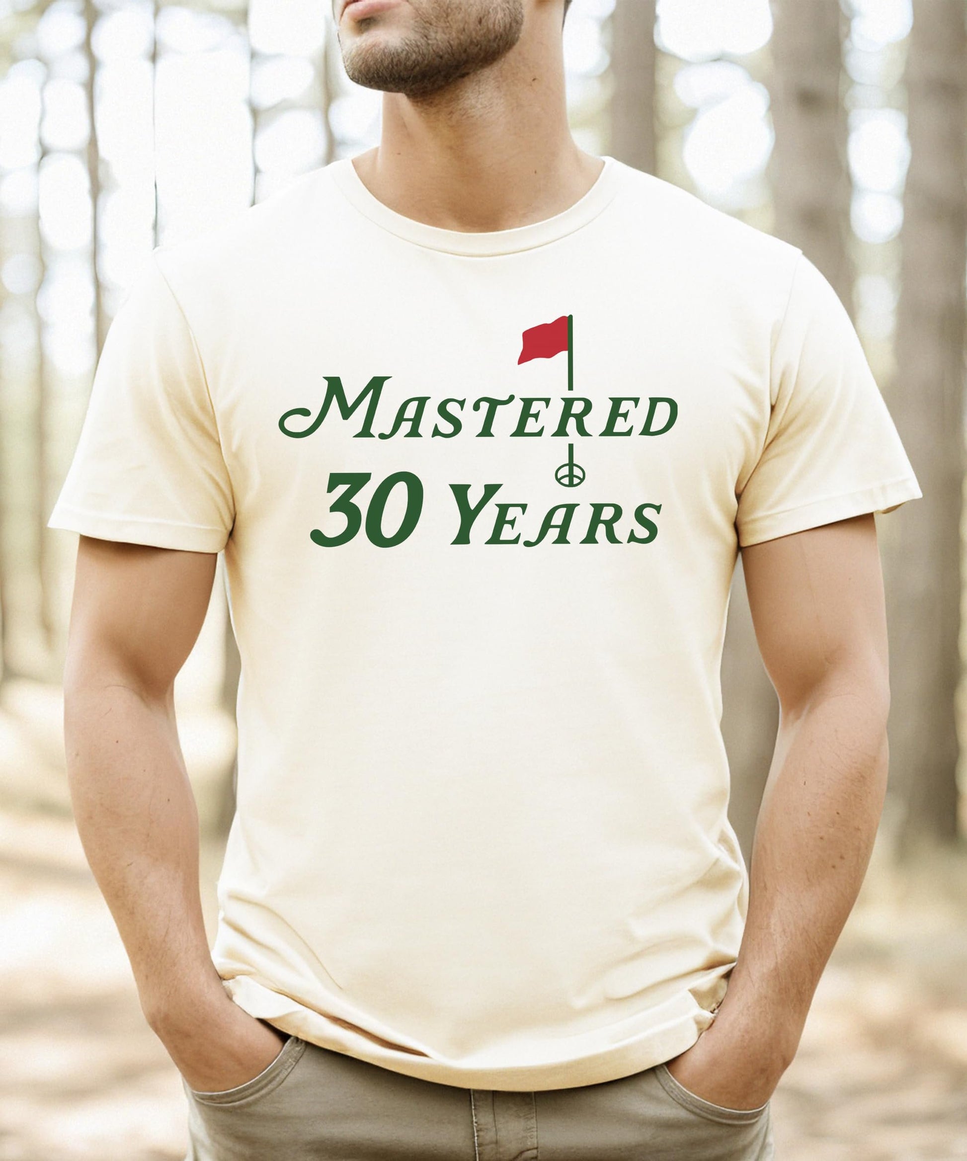 Detail shot of Mastered 30 Years 30th birthday golf graphic tee print quality and texture