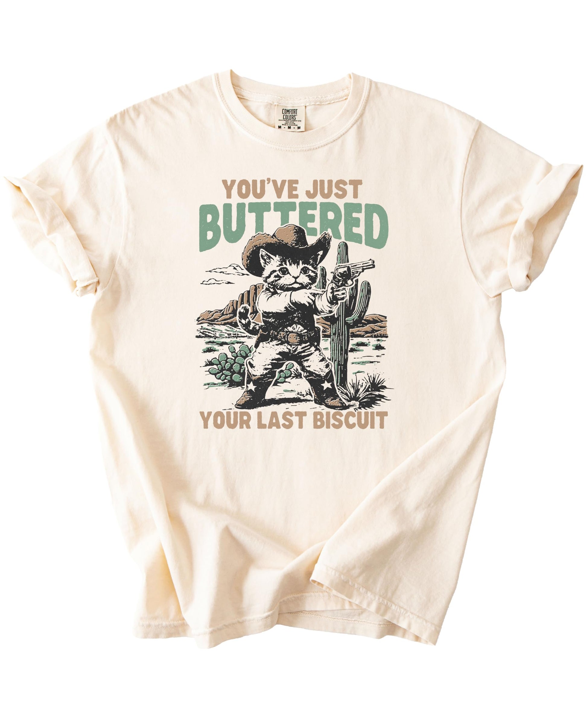 Detail shot of You've Buttered Your Last Biscuit Western cat graphic on women's shirt