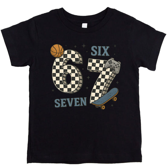 Close-up of checkered 6 7 graphic print with basketball, skateboard, and gaming controller on youth tee