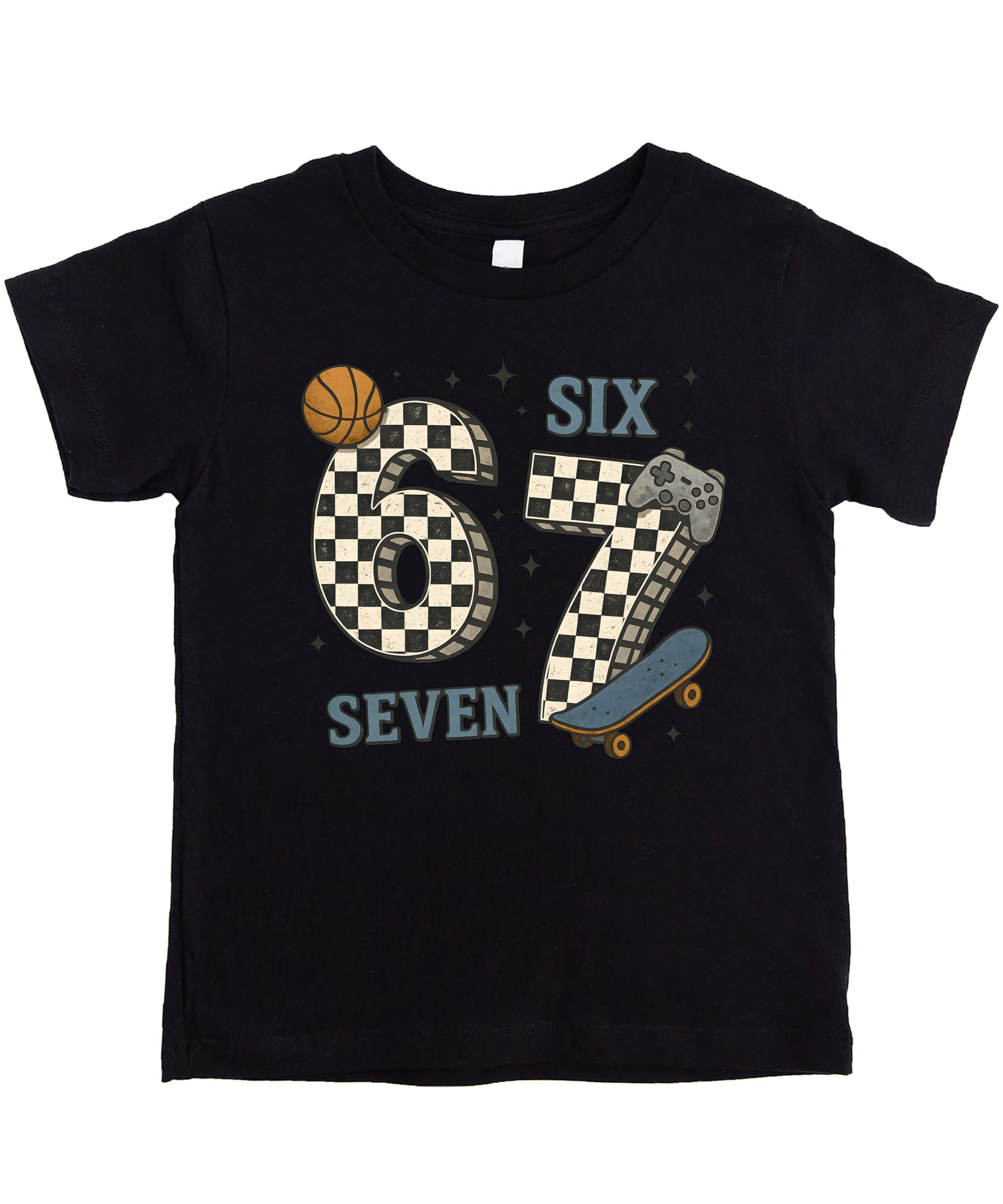 Close-up of checkered 6 7 graphic print with basketball, skateboard, and gaming controller on youth tee