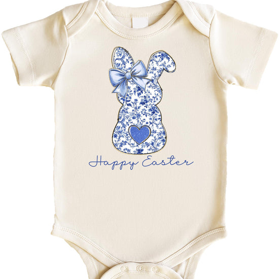 Close-up of blue chinoiserie bunny and floral print with Happy Easter script on baby bodysuit