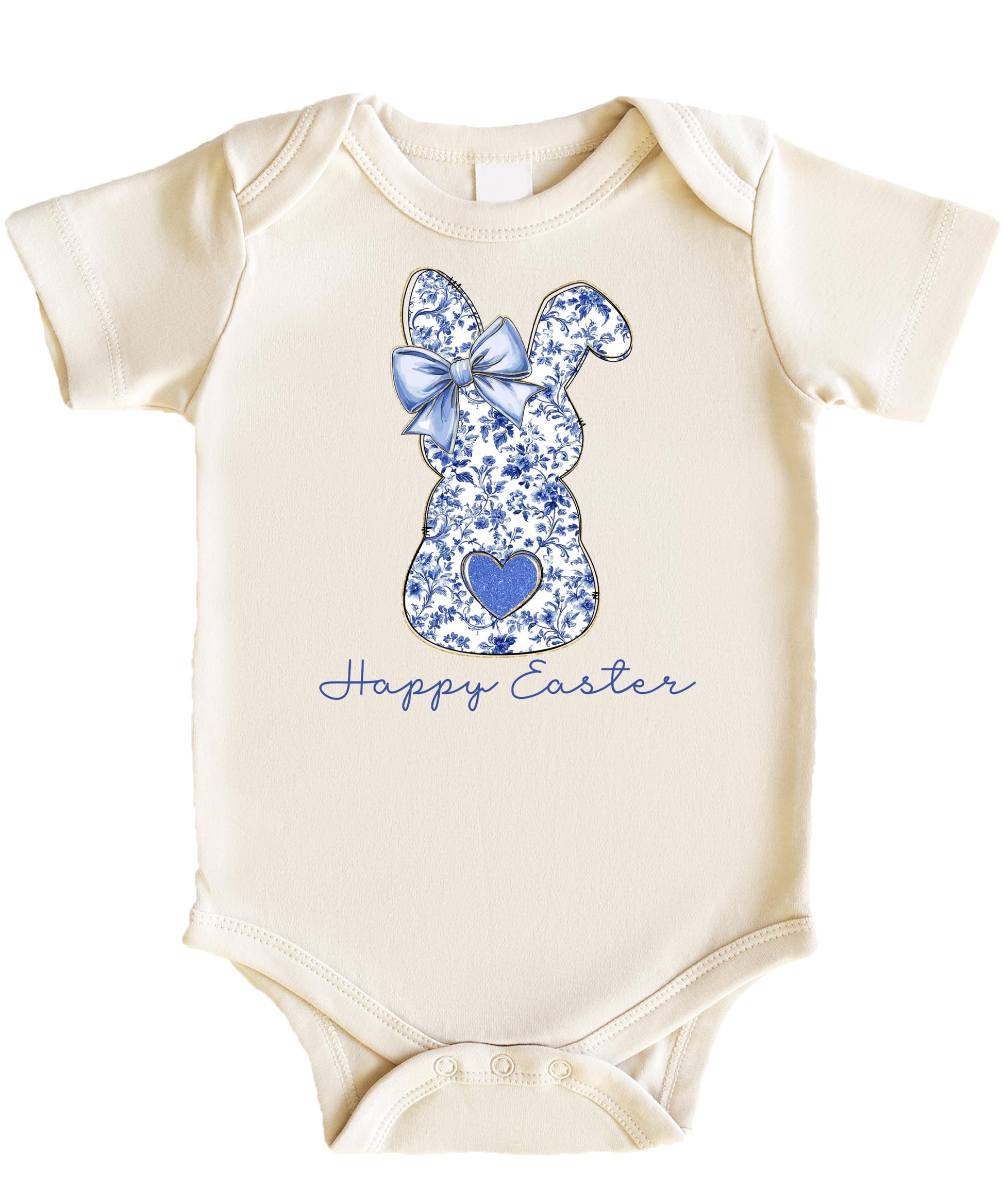 Close-up of blue chinoiserie bunny and floral print with Happy Easter script on baby bodysuit