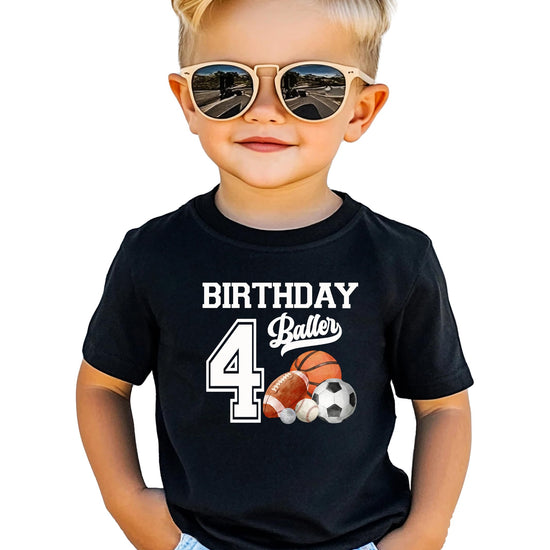 Boys 4th birthday shirt styled for sports party with bold baller graphic on heather gray tee