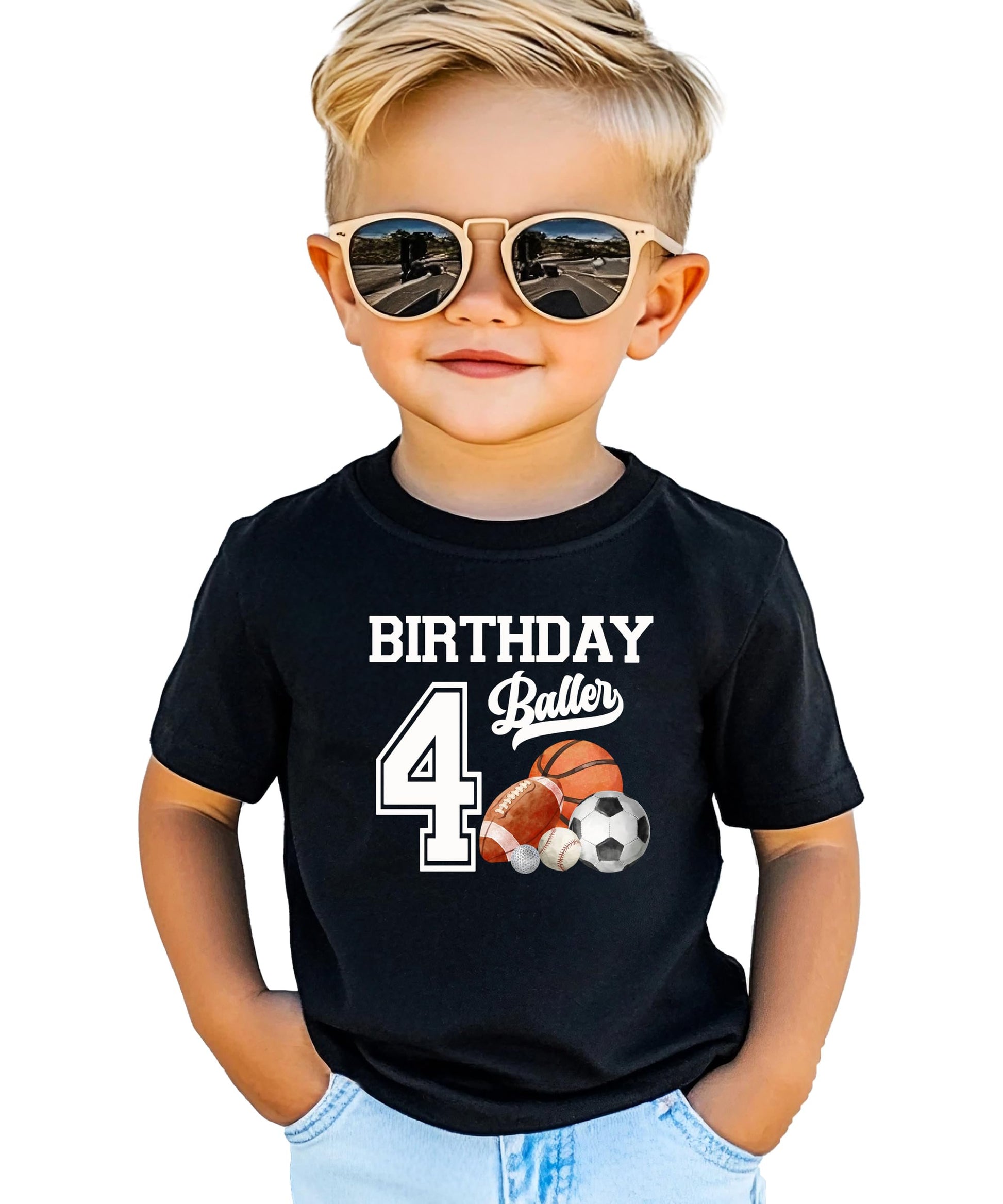 Boys 4th birthday shirt styled for sports party with bold baller graphic on heather gray tee