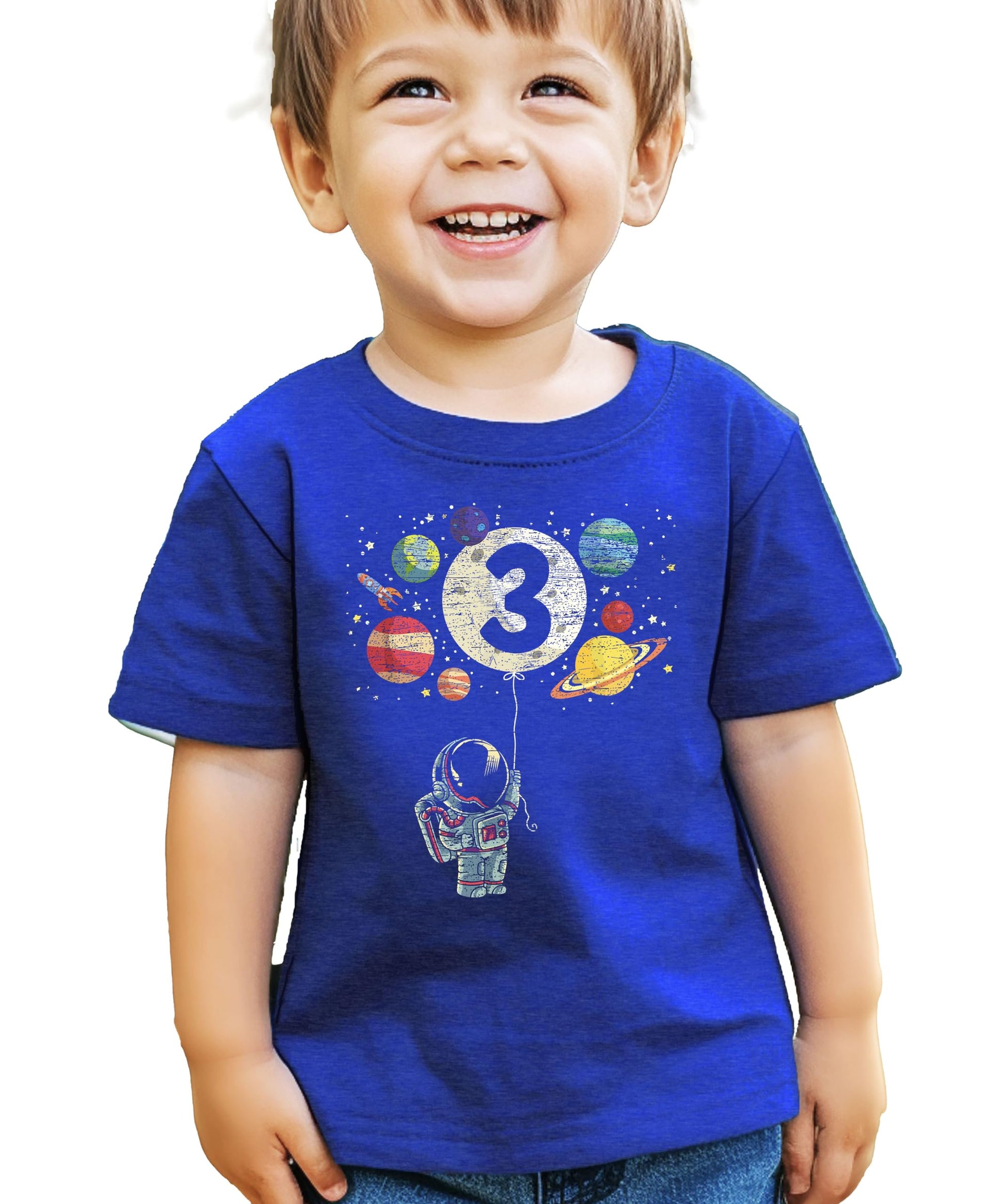 Toddler wearing black space themed birthday t-shirt with rocket and planets