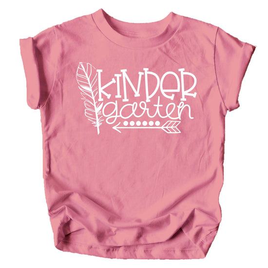 Close-up of Kindergarten Squad boho design on a pink toddler girls school shirt