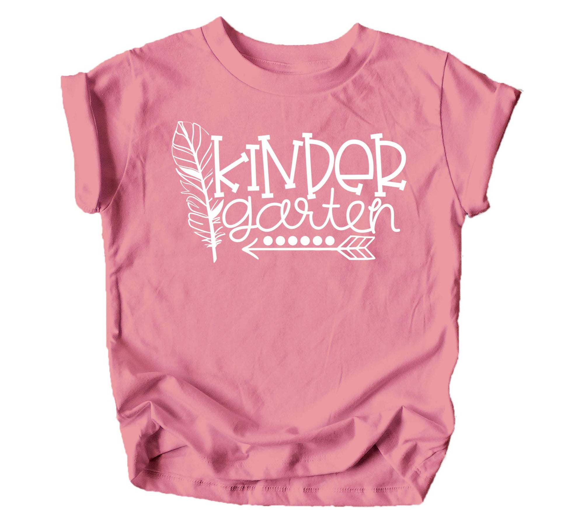 Close-up of Kindergarten Squad boho design on a pink toddler girls school shirt