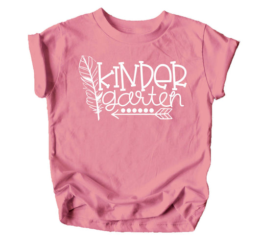 Close-up of Kindergarten Squad boho design on a pink toddler girls school shirt