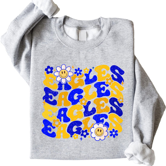 Adult modeling retro Eagles sweatshirt with vintage-style graphic print