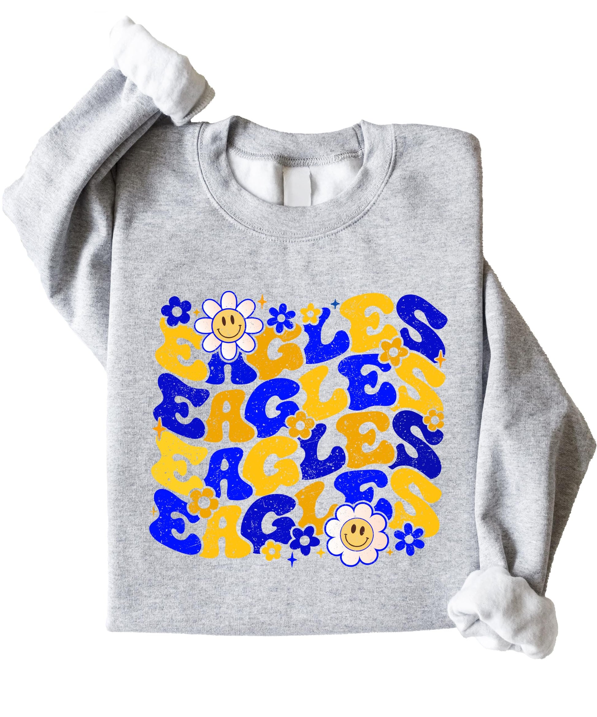 Adult modeling retro Eagles sweatshirt with vintage-style graphic print