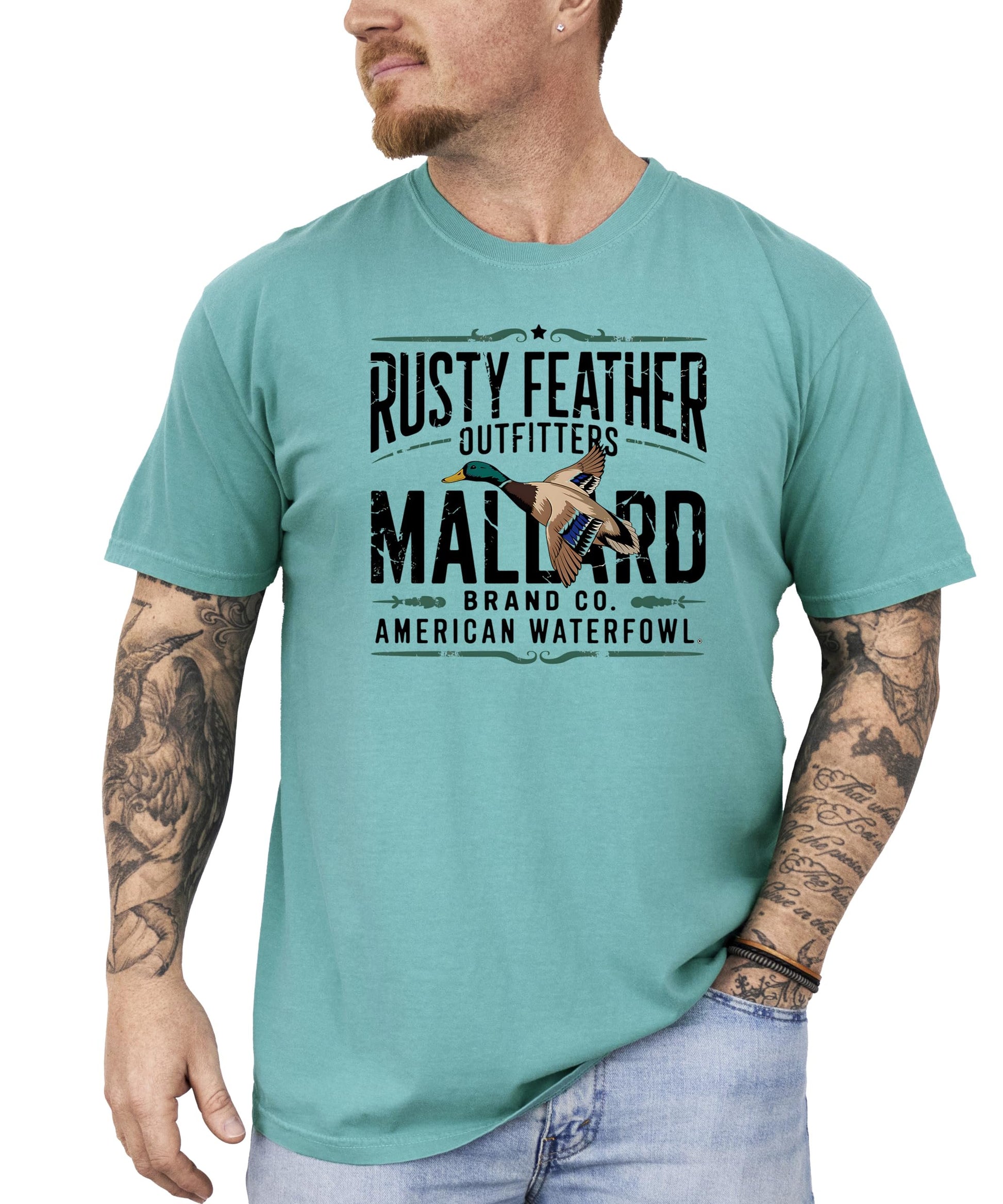 Rusty Feather Mallard Hunting Tee styled casually for everyday outdoor wear