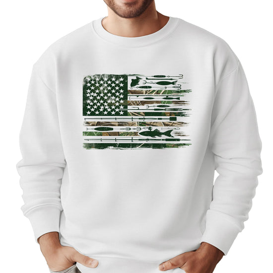 Men's white pullover sweatshirt with American flag made from fishing poles, lures, and hooks graphic